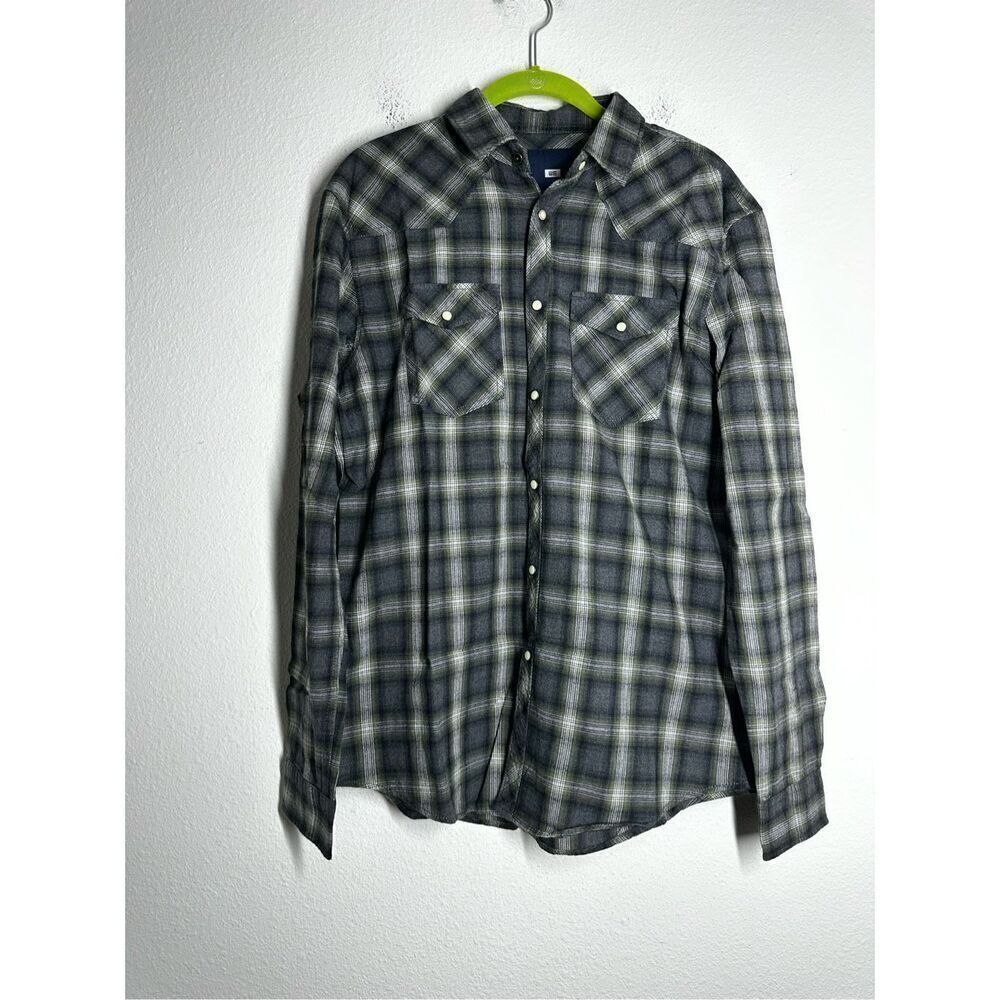 WE Men’s Plaid Button Down Long Sleeve Shirt Cotton Gray Green Relax Fit Size M